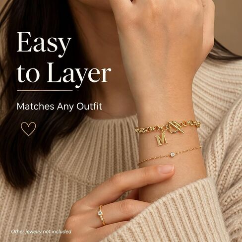 Gold Initial Bracelet for Women, 14K Gold Plated Heart Charm Bracelet with A-Z Alphabet Letter, Dainty Stainless Steel Rolo Chain Jewelry with Heart Toggle Clasp, Personalized Birthday Gift for Her in Saudi Arabia