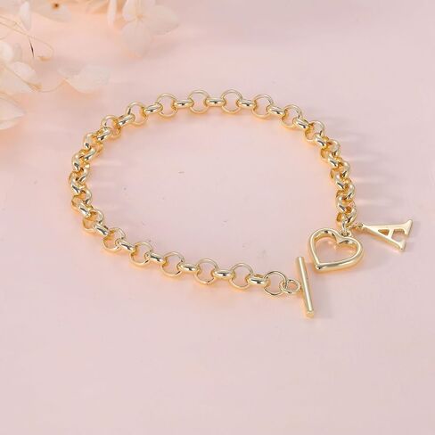 Gold Initial Bracelet for Women, 14K Gold Plated Heart Charm Bracelet with A-Z Alphabet Letter, Dainty Stainless Steel Rolo Chain Jewelry with Heart Toggle Clasp, Personalized Birthday Gift for Her in Saudi Arabia