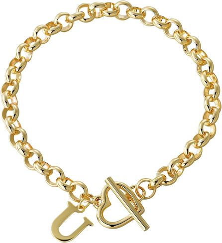 Gold Initial Bracelet for Women, 14K Gold Plated Heart Charm Bracelet with A-Z Alphabet Letter, Dainty Stainless Steel Rolo Chain Jewelry with Heart Toggle Clasp, Personalized Birthday Gift for Her in Saudi Arabia