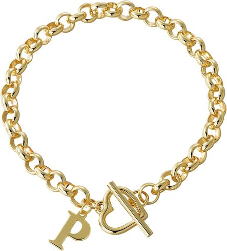 Gold Initial Bracelet for Women, 14K Gold Plated Heart Charm Bracelet with A-Z Alphabet Letter, Dainty Stainless Steel Rolo Chain Jewelry with Heart Toggle Clasp, Personalized Birthday Gift for Her in Saudi Arabia