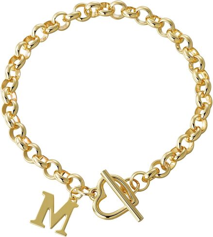Gold Initial Bracelet for Women, 14K Gold Plated Heart Charm Bracelet with A-Z Alphabet Letter, Dainty Stainless Steel Rolo Chain Jewelry with Heart Toggle Clasp, Personalized Birthday Gift for Her in Saudi Arabia