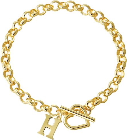 Gold Initial Bracelet for Women, 14K Gold Plated Heart Charm Bracelet with A-Z Alphabet Letter, Dainty Stainless Steel Rolo Chain Jewelry with Heart Toggle Clasp, Personalized Birthday Gift for Her in Saudi Arabia