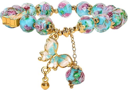 Blue Liuli Butterfly Charm Bracelet For Women, Liuli Rose Flower Stretch Charm Bracelet, Good Luck BlueStone Bead Bracelet, Flower Charm Bracelets for Women, Floral Bracelets Jewelry Gifts for Women, Suit for Includes Gift Box -8MM in Kuwait