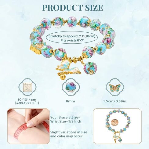 Blue Liuli Butterfly Charm Bracelet For Women, Liuli Rose Flower Stretch Charm Bracelet, Good Luck BlueStone Bead Bracelet, Flower Charm Bracelets for Women, Floral Bracelets Jewelry Gifts for Women, Suit for Includes Gift Box -8MM in Kuwait