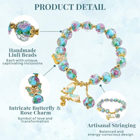Blue Liuli Butterfly Charm Bracelet For Women, Liuli Rose Flower Stretch Charm Bracelet, Good Luck BlueStone Bead Bracelet, Flower Charm Bracelets for Women, Floral Bracelets Jewelry Gifts for Women, Suit for Includes Gift Box -8MM in Kuwait