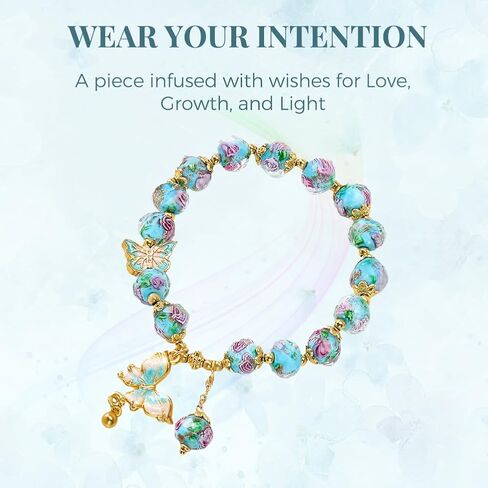 Blue Liuli Butterfly Charm Bracelet For Women, Liuli Rose Flower Stretch Charm Bracelet, Good Luck BlueStone Bead Bracelet, Flower Charm Bracelets for Women, Floral Bracelets Jewelry Gifts for Women, Suit for Includes Gift Box -8MM in Kuwait