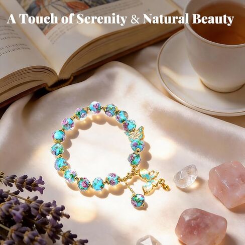 Blue Liuli Butterfly Charm Bracelet For Women, Liuli Rose Flower Stretch Charm Bracelet, Good Luck BlueStone Bead Bracelet, Flower Charm Bracelets for Women, Floral Bracelets Jewelry Gifts for Women, Suit for Includes Gift Box -8MM in Kuwait