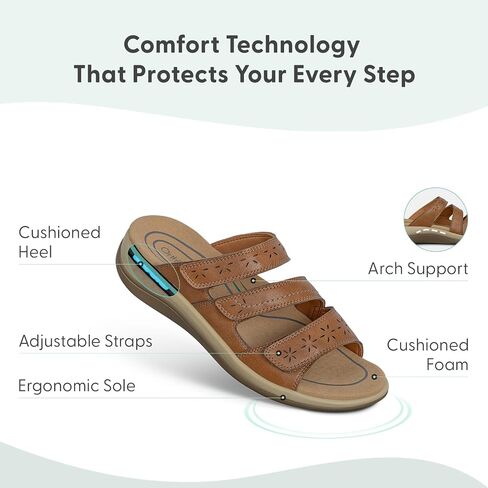 Orthofeet Women's Orthopedic Sahara Adjustable Three-Strap Slide Sandal, Tan, Size 8 in Kuwait