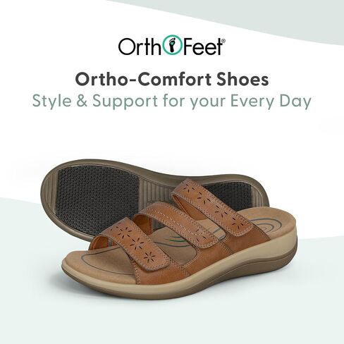 Orthofeet Women's Orthopedic Sahara Adjustable Three-Strap Slide Sandal, Tan, Size 8 in Kuwait