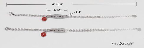 Medical Alert ID Bracelet for Diabetes Type 1 or Type 2, Stainless Steel Rolo Chain, Silver with Red Charm, 6-8 Inch Length, Pre-engraved in Saudi Arabia