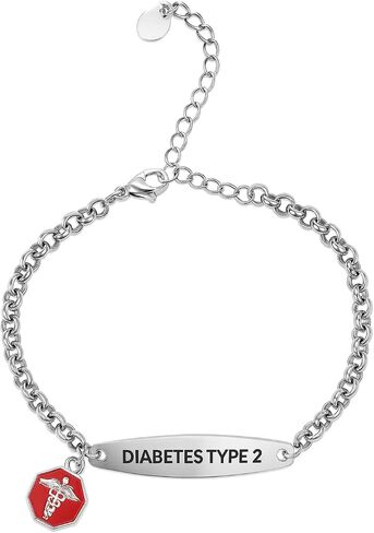 Medical Alert ID Bracelet for Diabetes Type 1 or Type 2, Stainless Steel Rolo Chain, Silver with Red Charm, 6-8 Inch Length, Pre-engraved in Saudi Arabia