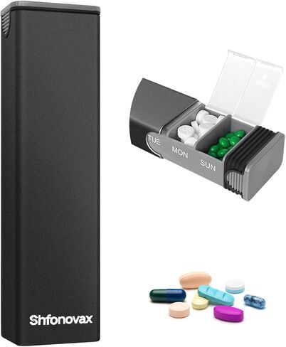 Weekly Metal Pill Organizer, Large Capacity 7 Day Travel Pill Organizer for Adults & Seniors, Portable Vitamin & Supplement Pill Box with Secure Sliding Design (Black) in Saudi Arabia