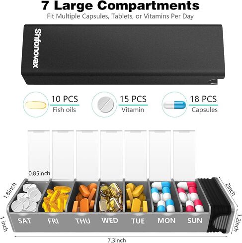 Weekly Metal Pill Organizer, Large Capacity 7 Day Travel Pill Organizer for Adults & Seniors, Portable Vitamin & Supplement Pill Box with Secure Sliding Design (Black) in Saudi Arabia