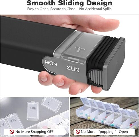 Weekly Metal Pill Organizer, Large Capacity 7 Day Travel Pill Organizer for Adults & Seniors, Portable Vitamin & Supplement Pill Box with Secure Sliding Design (Black) in Saudi Arabia