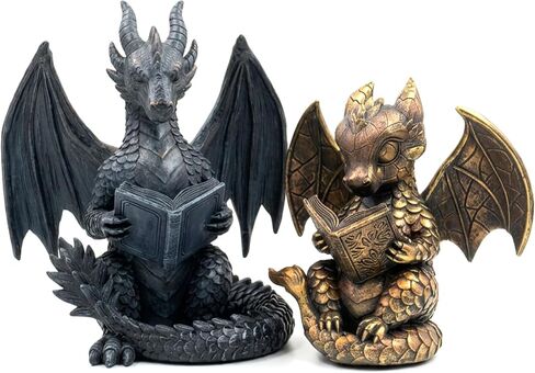 Stylor Fantasy Dragon Bookends Set of 2 - Romantasy Bookish Gifts for Fantasy Readers, Vintage Gold & Black Statues Bookshelf Decor for Book Lovers, Heavy Duty Resin Figurine Reading Dragon Book Ends in Saudi Arabia