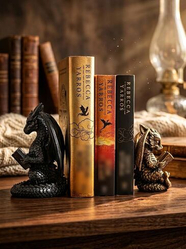 Stylor Fantasy Dragon Bookends Set of 2 - Romantasy Bookish Gifts for Fantasy Readers, Vintage Gold & Black Statues Bookshelf Decor for Book Lovers, Heavy Duty Resin Figurine Reading Dragon Book Ends in Saudi Arabia