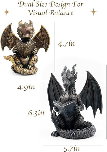 Stylor Fantasy Dragon Bookends Set of 2 - Romantasy Bookish Gifts for Fantasy Readers, Vintage Gold & Black Statues Bookshelf Decor for Book Lovers, Heavy Duty Resin Figurine Reading Dragon Book Ends in Saudi Arabia