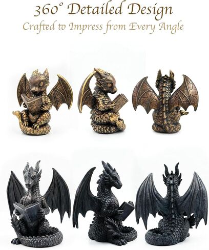 Stylor Fantasy Dragon Bookends Set of 2 - Romantasy Bookish Gifts for Fantasy Readers, Vintage Gold & Black Statues Bookshelf Decor for Book Lovers, Heavy Duty Resin Figurine Reading Dragon Book Ends in Saudi Arabia