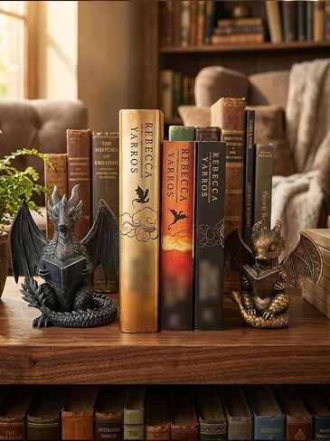 Stylor Fantasy Dragon Bookends Set of 2 - Romantasy Bookish Gifts for Fantasy Readers, Vintage Gold & Black Statues Bookshelf Decor for Book Lovers, Heavy Duty Resin Figurine Reading Dragon Book Ends in Saudi Arabia