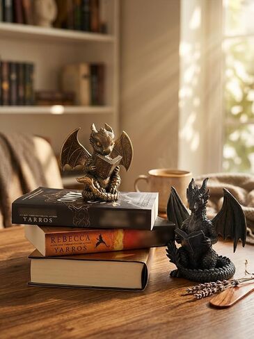 Stylor Fantasy Dragon Bookends Set of 2 - Romantasy Bookish Gifts for Fantasy Readers, Vintage Gold & Black Statues Bookshelf Decor for Book Lovers, Heavy Duty Resin Figurine Reading Dragon Book Ends in Saudi Arabia