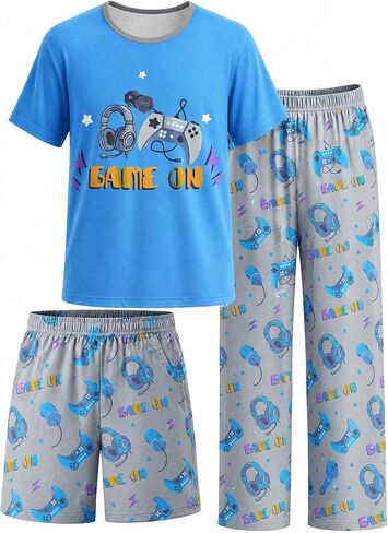 Fiodrimy Boys Pajamas 3-Piece Pjs Set Top with Shorts and Pants Sleepwear for Kids Soft Jammies Loungewear Size 8-14 in Kuwait