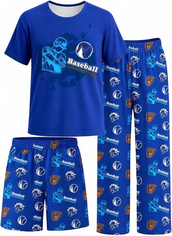 Fiodrimy Boys Pajamas 3-Piece Pjs Set Top with Shorts and Pants Sleepwear for Kids Soft Jammies Loungewear Size 8-14 in Kuwait