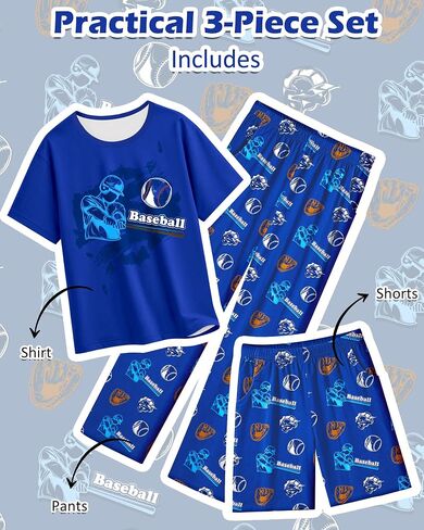 Fiodrimy Boys Pajamas 3-Piece Pjs Set Top with Shorts and Pants Sleepwear for Kids Soft Jammies Loungewear Size 8-14 in Kuwait