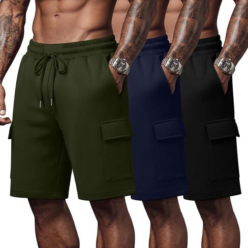 August Alley 3 Pack شورتات البضائع الرجالية مرونة الخصر الرباط شورتات العرق غير رسمية مع جيوب متعددة الصالة الرياضية تجريب في الهواء الطلق in Kuwait