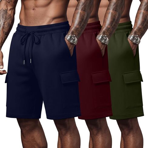 August Alley 3 Pack شورتات البضائع الرجالية مرونة الخصر الرباط شورتات العرق غير رسمية مع جيوب متعددة الصالة الرياضية تجريب في الهواء الطلق in Kuwait