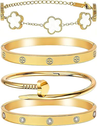 Stackable Gold Bracelets for Women - 4 Sets, 18K Gold Plated Bracelets, Stainless Steel Bangle Bracelets Non-Tarnish, Stylish Gold Jewelry Ensemble, Valentine's Day, Birthday and Christmas Jewelry Gifts in Kuwait