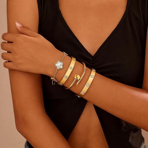 Stackable Gold Bracelets for Women - 4 Sets, 18K Gold Plated Bracelets, Stainless Steel Bangle Bracelets Non-Tarnish, Stylish Gold Jewelry Ensemble, Valentine's Day, Birthday and Christmas Jewelry Gifts in Kuwait