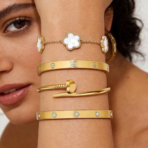 Stackable Gold Bracelets for Women - 4 Sets, 18K Gold Plated Bracelets, Stainless Steel Bangle Bracelets Non-Tarnish, Stylish Gold Jewelry Ensemble, Valentine's Day, Birthday and Christmas Jewelry Gifts in Kuwait