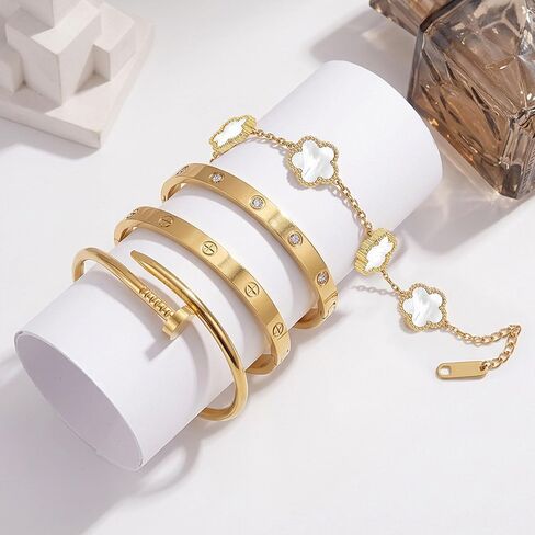 Stackable Gold Bracelets for Women - 4 Sets, 18K Gold Plated Bracelets, Stainless Steel Bangle Bracelets Non-Tarnish, Stylish Gold Jewelry Ensemble, Valentine's Day, Birthday and Christmas Jewelry Gifts in Kuwait