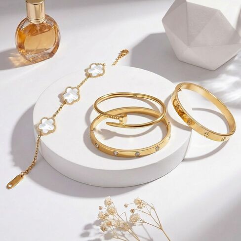 Stackable Gold Bracelets for Women - 4 Sets, 18K Gold Plated Bracelets, Stainless Steel Bangle Bracelets Non-Tarnish, Stylish Gold Jewelry Ensemble, Valentine's Day, Birthday and Christmas Jewelry Gifts in Kuwait