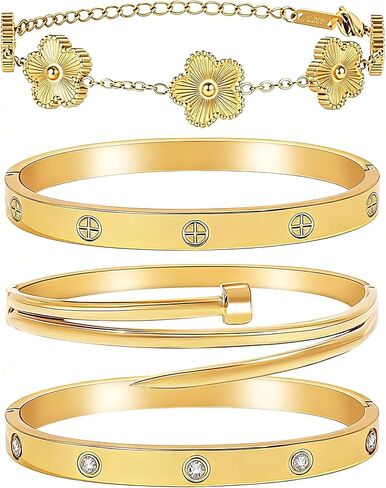 Stackable Gold Bracelets for Women - 4 Sets, 18K Gold Plated Bracelets, Stainless Steel Bangle Bracelets Non-Tarnish, Stylish Gold Jewelry Ensemble, Valentine's Day, Birthday and Christmas Jewelry Gifts in Kuwait