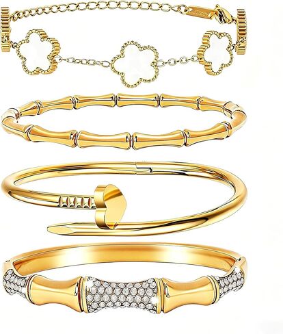 Stackable Gold Bracelets for Women - 4 Sets, 18K Gold Plated Bracelets, Stainless Steel Bangle Bracelets Non-Tarnish, Stylish Gold Jewelry Ensemble, Valentine's Day, Birthday and Christmas Jewelry Gifts in Kuwait