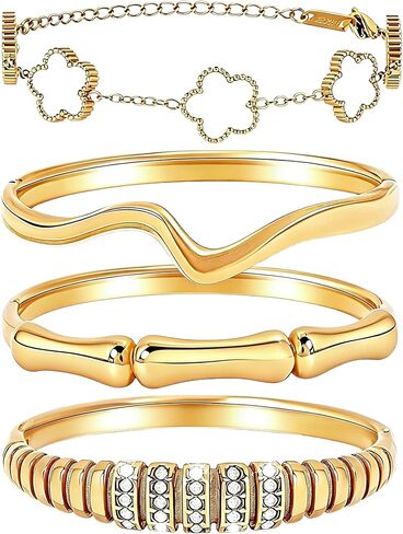 Stackable Gold Bracelets for Women - 4 Sets, 18K Gold Plated Bracelets, Stainless Steel Bangle Bracelets Non-Tarnish, Stylish Gold Jewelry Ensemble, Valentine's Day, Birthday and Christmas Jewelry Gifts in Kuwait