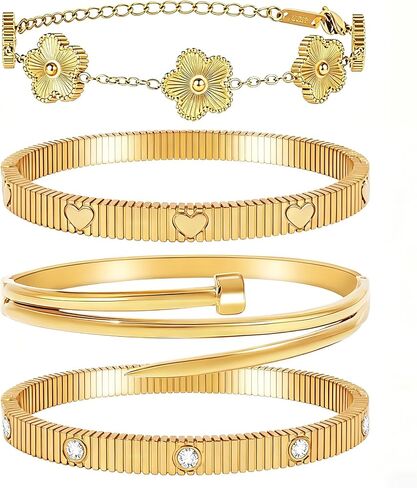 Stackable Gold Bracelets for Women - 4 Sets, 18K Gold Plated Bracelets, Stainless Steel Bangle Bracelets Non-Tarnish, Stylish Gold Jewelry Ensemble, Valentine's Day, Birthday and Christmas Jewelry Gifts in Kuwait