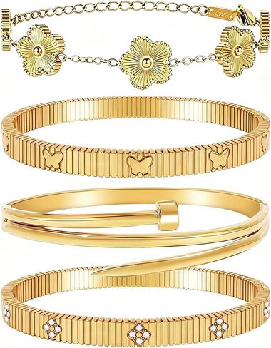 Stackable Gold Bracelets for Women - 4 Sets, 18K Gold Plated Bracelets, Stainless Steel Bangle Bracelets Non-Tarnish, Stylish Gold Jewelry Ensemble, Valentine's Day, Birthday and Christmas Jewelry Gifts in Kuwait
