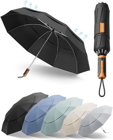 HOUSTIN Windproof Travel Umbrella with Double-Layer Ventilated Canopy - Withstands 55+ MPH Winds, Auto Open/Close & Reverse Folding Compact Design for Backpack, Car, Commute in Saudi Arabia
