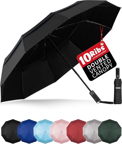 Yoobure Windproof Travel Umbrella with Wood Handle - Automatic Umbrellas for Rain & UV Sun Protection, Compact 46" Large Canopy, Lightweight Backpack Portable for Walking & Outdoor in Saudi Arabia