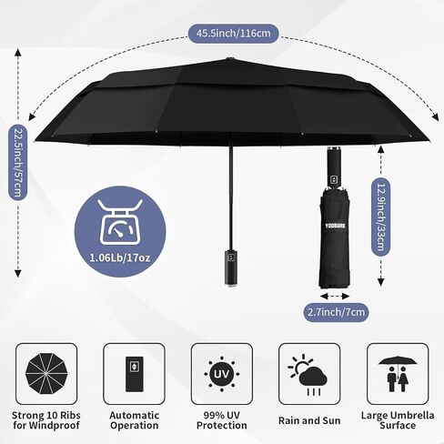 Yoobure Windproof Travel Umbrella with Wood Handle - Automatic Umbrellas for Rain & UV Sun Protection, Compact 46" Large Canopy, Lightweight Backpack Portable for Walking & Outdoor in Saudi Arabia