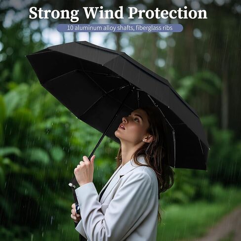 Yoobure Windproof Travel Umbrella with Wood Handle - Automatic Umbrellas for Rain & UV Sun Protection, Compact 46" Large Canopy, Lightweight Backpack Portable for Walking & Outdoor in Saudi Arabia