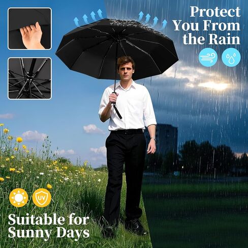 Yoobure Windproof Travel Umbrella with Wood Handle - Automatic Umbrellas for Rain & UV Sun Protection, Compact 46" Large Canopy, Lightweight Backpack Portable for Walking & Outdoor in Saudi Arabia