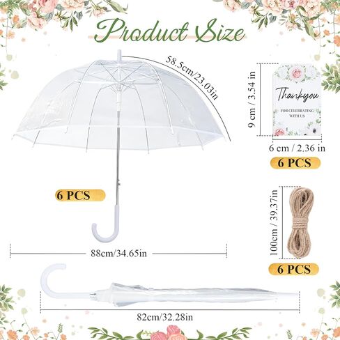 6 Pcs Clear Umbrella Wedding, Durable Transparent Rain Clear Umbrella Bulk with Wedding Thank You Cards for Wedding Bride Groom Photography Outdoor Anniversary Party Favors in Saudi Arabia