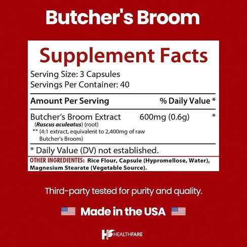 Butchers Broom Capsules | 2400mg | 120 Count | Supports Blood Circulation and Vein Support for Healthy Legs | Max Strength Formula | Non-GMO and Gluten-Free in Saudi Arabia