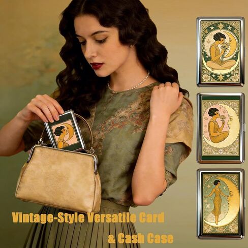 Vintage Art Versatile Metal Card Holder Wallet Versatile Card & Cash Case for Women Men Art Deco Design Metal Wallet Store Credit ID Business Card with Snap Closure in Saudi Arabia