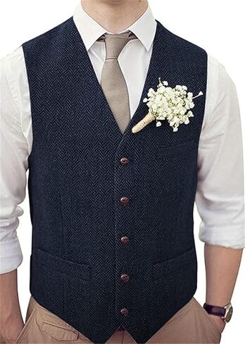 Men's Wool Herringbone Groom Vests Formal Groom's Wear Suit Tweed Vest Skinny Wedding Dress Waistcoat in Saudi Arabia