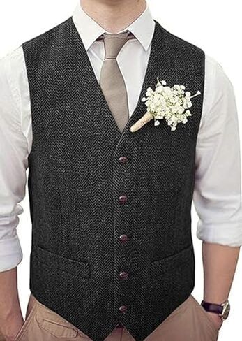 Men's Wool Herringbone Groom Vests Formal Groom's Wear Suit Tweed Vest Skinny Wedding Dress Waistcoat in Kuwait