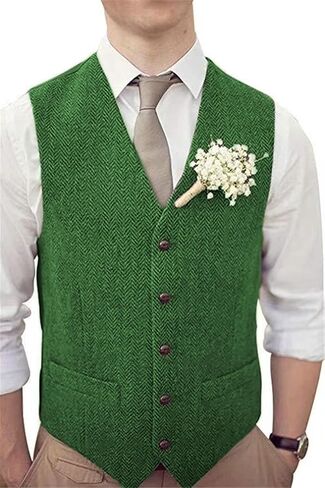 Men's Wool Herringbone Groom Vests Formal Groom's Wear Suit Tweed Vest Skinny Wedding Dress Waistcoat in Kuwait